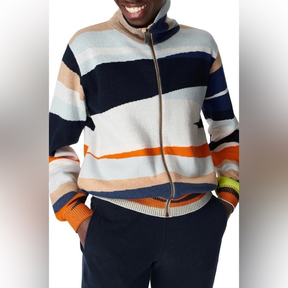Sweaty Betty Terrain Zip Up Jacquard Wool Cardigan Sweater XXL Blue Orange Cream - Picture 1 of 14